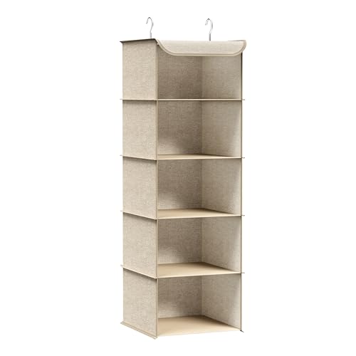 SONGMICS Hängeorganizer, Schrank-Organizer, Hängeregal, Hängeaufbewahrung, faltbar und platzsparend, Metallhaken und Bambus-Einsätze, leinenartige Textur, sandbeige RCH005Y01