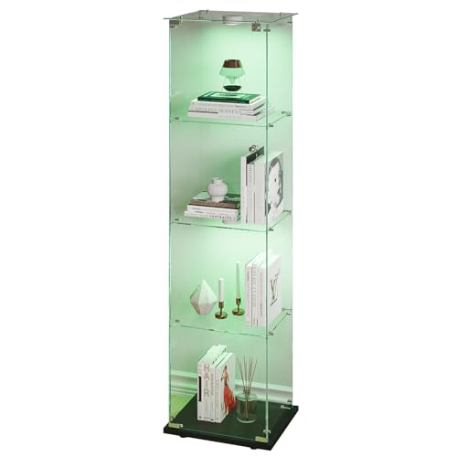 Sorvaglos - Vitrina con iluminación LED, 4 pisos, puerta de cristal templado, negro, antipolvo, vitrina vertical para sala de estar, oficina, objetos de colección, 35 x 39,8 x 163 cm