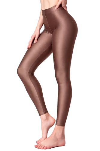 Lilax Womens High Waisted Leggings Shiny Workout Yoga Pants (Brown S)