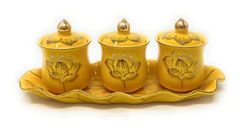 Houlu 3 Altar Cups Set, Ceramic Holy Water Offering Cup, Tibetan Buddhist Worship Cup (Yellow)