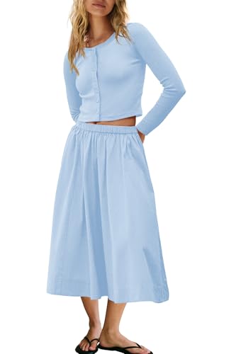 Image of Panadila Womens 2 Piece Lounge Sets Matching Vacation Outfits Ribbed Button Down Cardigan and Elastic Waist Skirt Sets