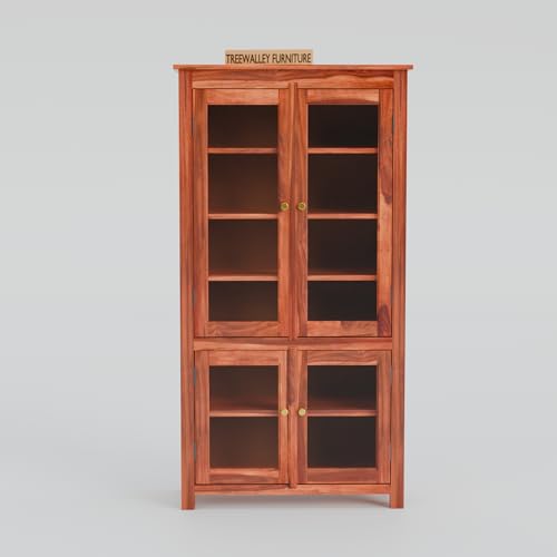 Image of Solid Sheesham Wood Crockery Cabinet with 4 Acrylic Glass Doors | Wooden Wardrobe Kitchen Cabinet with 6 Shelves Storage | Bookcase for Living Room, Bedroom & Office | Honey Finish