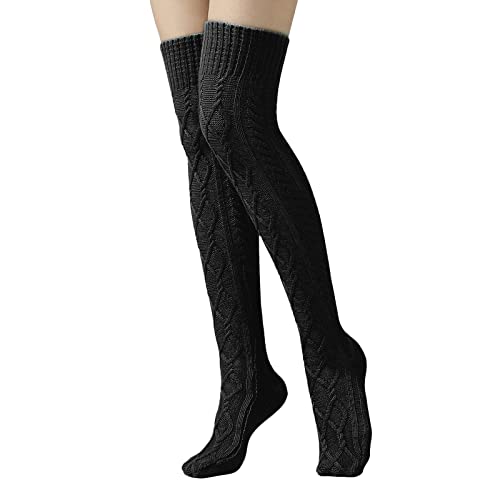 Women Over Knee Socks Cable Knit Thigh High Socks Long Boot Stocking Knee High Socks Winter Warm Leggings Socks Stretch Thermal Knee Warmer Knee Wrap Sleeves for Ladies Girls Joint Pain Relief (Black)