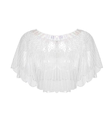 1920s Shawl Flapper Shawl Wraps Sequin Beaded Gatsby Shawls for Women Evening Sequin Cape…, White-085, One size