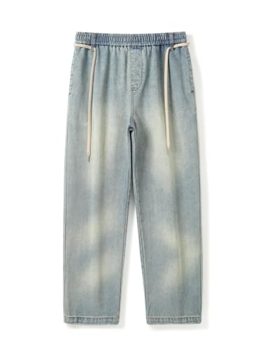 Jeans Pants Trousers Denim Washed Retro Blue High Street Style Drawstring Loose and Versatile Straight Leg