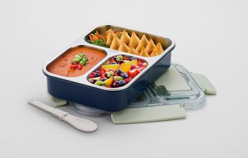 Image of Home Lane Stainless Steel Lunch Box | Lunch Box for Office | Lunch Box for School | Tiffin Box I Ideal for 12+Year Teenagers | 22X16X6 Cm | 1000Ml (3 Compartment, Multi Colour)