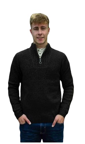 Emerald Isle Aran Sweater for Men's Irish Cable Knit Pullover, 1/4 Zipper Sweater Made in Ireland (US, Alpha, Medium, Regular, Regular, Green Marl)