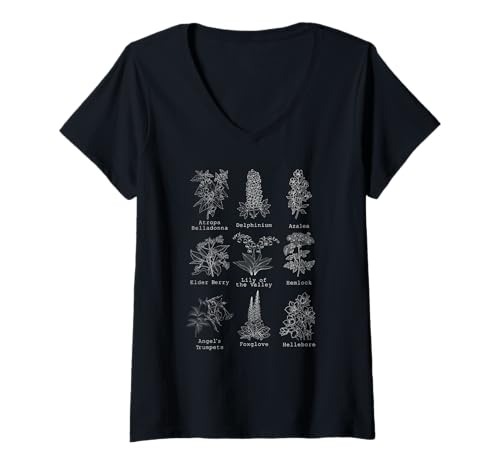 Womens Poisonous Plants Identification Dark Cottagecore Flowers V-Neck T-Shirt