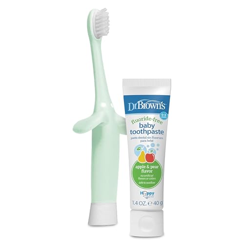 Image of Dr. Brown's Infant-to-Toddler Training Toothbrush Set, Mint Elephant with Fluoride-Free Apple Pear Baby Toothpaste, 0-3 years
