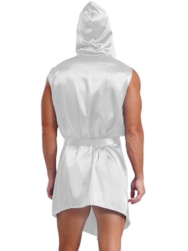 Men's Silk Kimono Robe Satiny Hooded Bathrobe Sleeveless Lightweight Pajamas Loungewear2