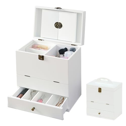 torobi コスメボックス 鏡付き メイクボックス 三面鏡 蓋付き 持ち運び 持ち手 深型 縦型 大容量 ブラシ アンティーク調金具 メイク収納 ブラウン ホワイト かわいい 引き出し コフレ (ホワイト)