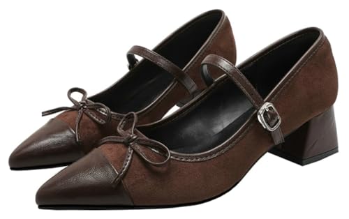 Women's Pointed Closed Toe Mary Jane Shoes with Bowknot Vintage Patchwork Chunky Heels Wedding Dress Shoes2