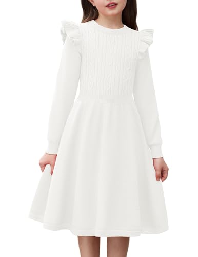 Image of Arshiner Girls Cable Knit Sweater Dress Flutter Sleeve Knitted Dress White
