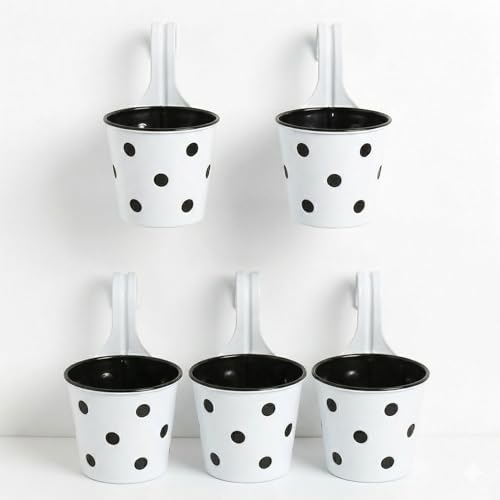 Image of Premium Hook Planter with Inner Pot | Polka Dot Hanging Planter for Balcony & Railings | Sturdy Plastic | Built-in Drainage | Vibrant Colours | Indoor & Outdoor Gardening (5, White)