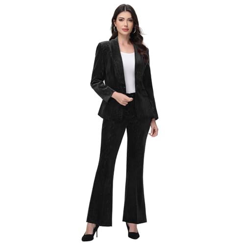 Lamgool Women Pantsuit Dressy Silver Thread Velvet 2 Piece Suit Set Blazer and Flared Pants2
