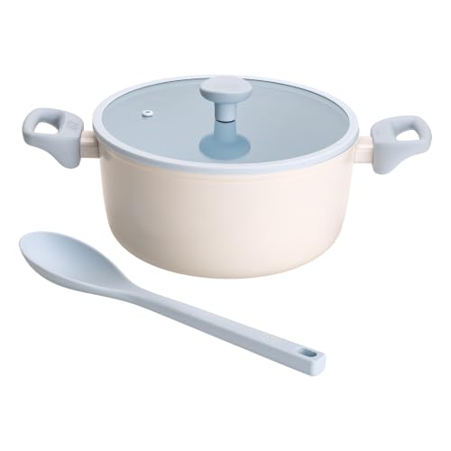 Tasty Ceramic Stock Pot with Glass Lid, Silicone Spoon, Healthy Nonstick Dutch Oven, Soup Pot, Casserole, Made without PFAS, PFOA, PFOS and PTFE, Dishwasher Safe, 5-Quart, 3-Piece Set, Blue by Tasty - Used condition - US$34.07