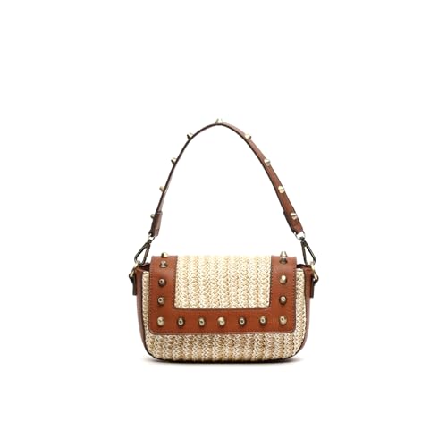 MISAKO Sace bolso mini de hombro y bandolera efecto rafia con detalles metálicos - Bolso pequeño de moda primavera verano rafia - Bolsos casual de mujer para diario Sace Natural 14 X 20 X 5 cm
