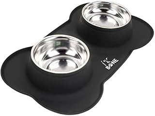 Fur & Bone Non-Slip Twin Dog Bowls | Non-Spill Silicone Mat Feeder Tray with Stainless Steel Dog bowl for Cat Puppy Dog Pet Food Water Feeding Station | Dog Accessories, Large (Black)