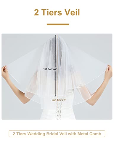 Wedding Bridal Veil With Comb 2 Tier Cut Edge Elbow Length 28" Ivory #TOP3