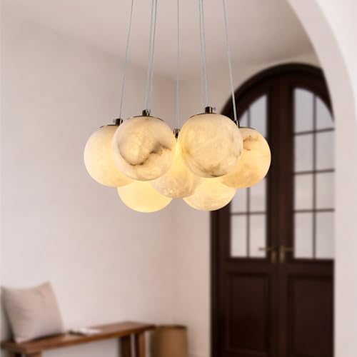 Alabaster Chandelier for Dining Room Modern 7-Light Bubble Globe Chandelier Gold Ball Pendant Light Fixture Luxury White Natural Marble Chandelier for Bedroom Living Room Kitchen Island Entry