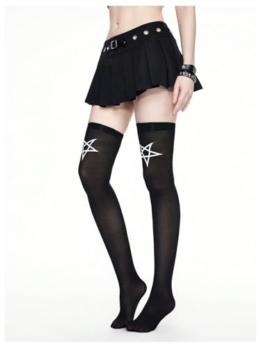 Women's Grunge Punk Thigh High Stockings Y2K Star Graphic Goth Sheer Tights4