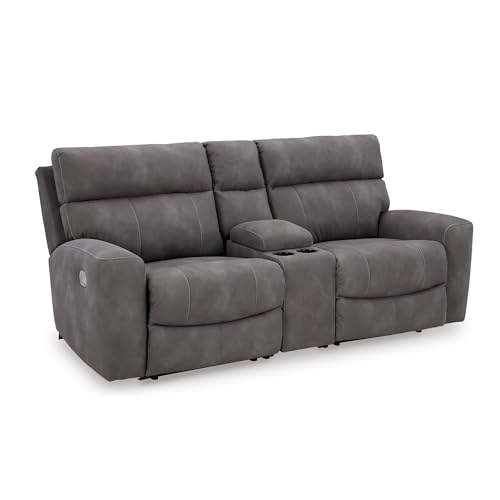 Signature Design by Ashley Next-Gen DuraPella Contemporary Faux Leather Modular Wall Hugger 3-Piece Power Reclining Sectional Loveseat with Console, Adjustable Headrest and USB Ports, Gray
