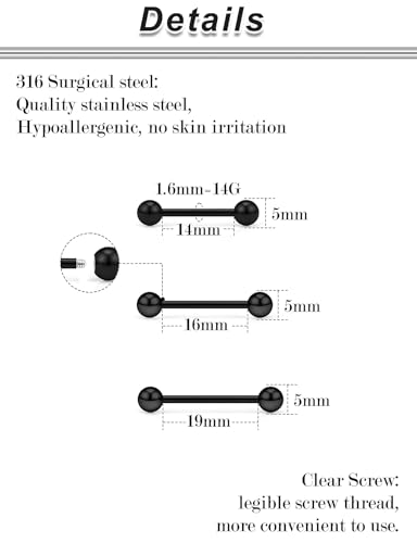 Ocptiy 14G Nipple Piercing Jewelry Tongue Rings Surgical Steel Silver Tongue Nipple Barbell Bar Piercing Jewelry for Women 14mm 16mm 19mm2