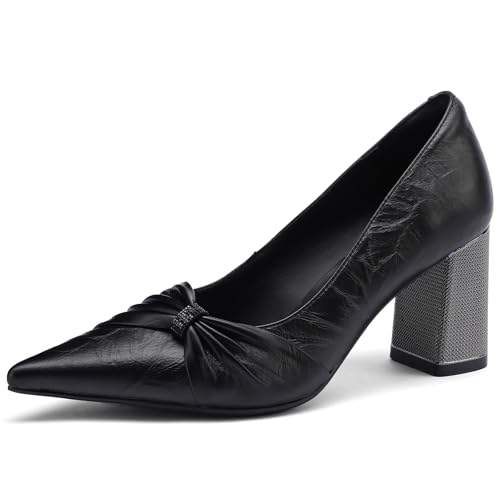 TDD Bow Leather High Heels for Women Chunky Block Pointed Toe Pumps Closed Toe Dressy Comfortable Sexy Elegantes Wedding Slip On Formal Prom Sparkly 3 Inch Shoes