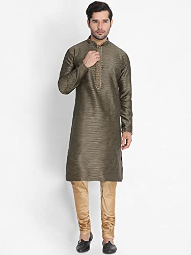 Image of VASTRAMAY Men's Black Cotton Silk Blend Kurta and Pyjama Set VASMK047BLnPRG 36
