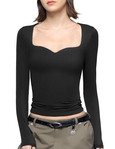 PUMIEY Women's Long Sleeve T Shirts Sweetheart Neck - Slim Fit Going Out Tops Sexy Basic Tee Smoke Cloud Pro Collection