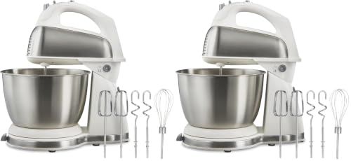 Image of Hamilton Beach Classic Stand and Hand Mixer, 4 Quarts, 6 Speeds with QuickBurst, Bowl Rest, 290 Watts Peak Power, White (64655) (Pack of 2)