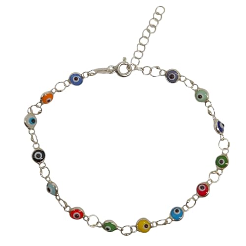 MYSTIC JEWELS - Pulsera de Plata de Ley 925 con Ojitos de la Buena Suerte, 14 Ojitos de 4 mm, con Extensión de Cadena (Multicolor)