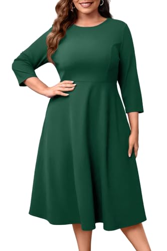 Image of Runwind Women's Plus Size Midi Dress Classy High Waist Wedding Guest Dress Casual Crew Neck 3 /4 Sleeve A-Line Swing Dresses