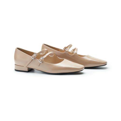 C.Paravano Luxury Mary Jane Ballet Flats: Adjustable Double Straps & Square Toe | Premium Comfort for Gallery Openings, Spring Brunches | Style w/Midi Skirts or Cropped Trousers(Beige,7)2