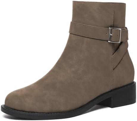 Athlefit Women's Ankle Boots Chunky Low Heel Fashion Round Toe Buckle leather Booties