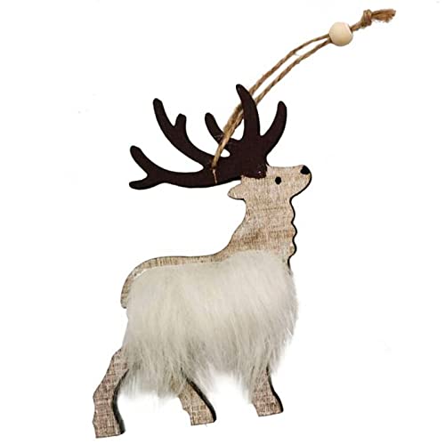 Tradineur – Adorno, Reno Colgante de Madera con Pelo de poliéster, decoración navideña Festiva con Cuerda para Puerta, árbol, Pared, 12 x 8,5 cm, Modelo Aleatorio