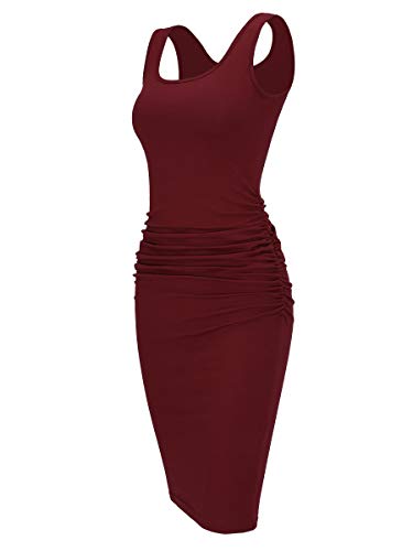 Missufe Women's Sleeveless Tank Ruched Casual Knee Length Bodycon Sundress Basic Fitted Dress (Sleeveless Burgundy, X-Large) #TOP3