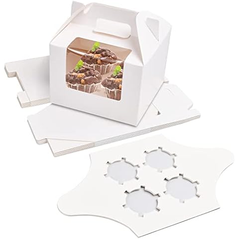 10 Pack White Single Cupcake Boxes, Cupcake Boxes 4 Hole with Window, Kraft Paper Individual White Bakery Boxes with Handle, for Home Baking, Party, Wedding, Christmas, halloween, Cake Shop Cover