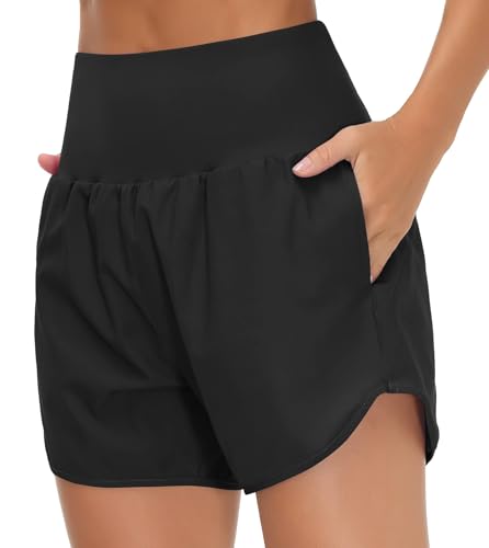 THE GYM PEOPLE Women’s High Waist Running Shorts with Liner Athletic Hiking Workout Shorts Zip Pockets2