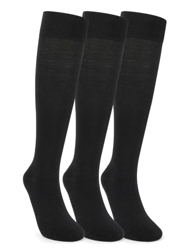 HiColorful Knee High Support Socks for Women & Men 65% Cotton Stretch Fit Breathable Snug Fit Socks for Work Travel Daily Wear Soft Lightweight All Black Small-3 Pairs