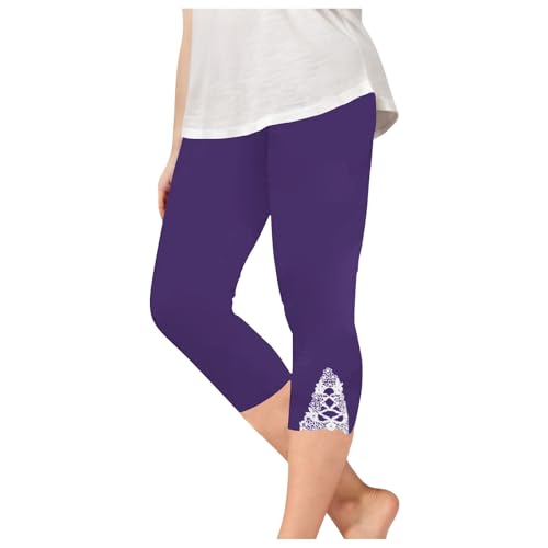 Girls Lace Trim Leggings 3/4 Length Capri Pants High Waist Stretchy Yoga Cropped Bottoms (Purple, 8-9 Years)