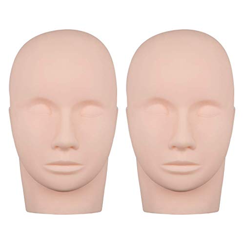 Lawei Juego de 2 cabezas de entrenamiento de práctica de goma, cosmetología, maniquí de muñeca, cabeza de cara para pestañas, maquillaje y masaje