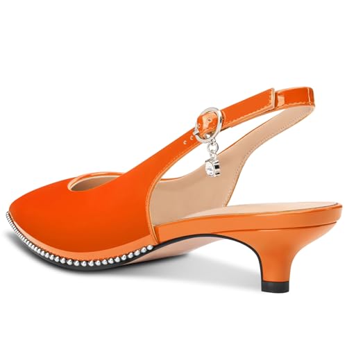 Image of TNYNFBEB Womens Low Kitten Heel Close Pointed Toe Pumps Slingback Silver Beaded Buckle Prom Party Dress Patent Leather 1.4 Inches Heels