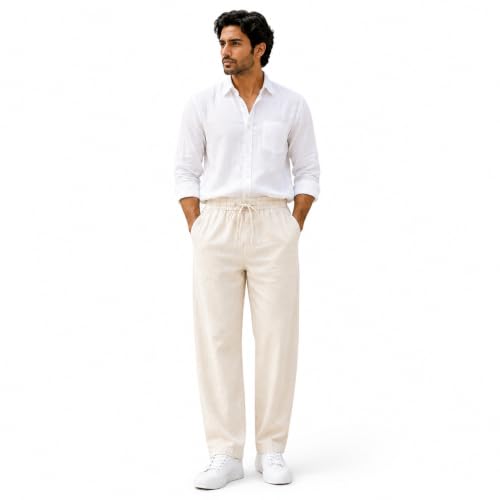 Image of Linen Pants for man || Relaxed Fit Casual Trousers for Men || Men's Lightweight Breathable Pants || Elastic Waist with Drawstring || All Season Pant for Regular, Travel & Office Wear
