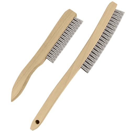 Image of Heavy Duty Stainless Steel Wire Brush, 1Pcs 10 inch and 1Pcs 14 inch | Curved Beechwood, Long Handle, Scratch Brush, For Rust, Metal, Paint, Welding, Automotive & Household Cleaning
