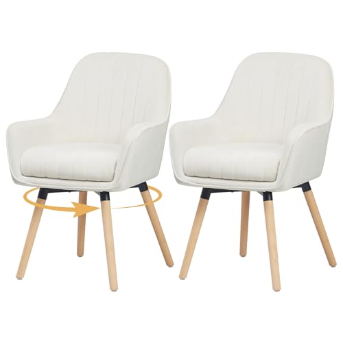 ELUCHANG Silla de Comedor Pack 2, 360°Giratoria, 10cm Grosor Sillones con Reposabrazos Altos, Crema Terciopelo Silla para Cocina, Salón, Dormitorio, Carga Máx. 150 kg, Patas de Madera