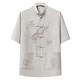 Cambkatl Men's Short Sleeve Mandarin Collar Kung Fu Shirts Chinese Traditional Embroidered Tai Chi Frog-Button Shirt