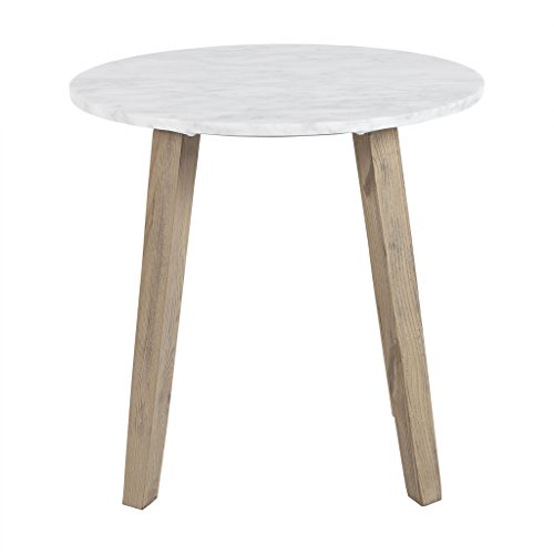Madison Park Milo Accent Round Marble Tabletop With Natural Wooden Legs Mid-Century Modern Style Side/End Table, 20 Inch Wide, White #TOP1