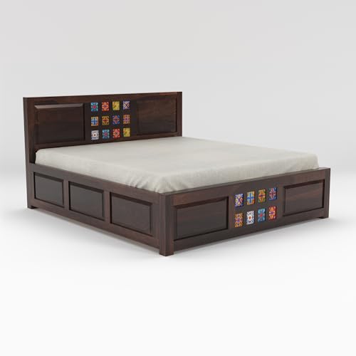 Image of Furniture Sheesham Wood King Size Bed with Storage Box | Wooden Box Bed King Size Double Cot Bed with Storage| Premium Tile Dalla Tile Design Headboard Bed for Living Room | Walnut Finish