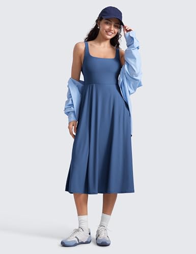 Image of CRZ YOGA Cloudweight Double Lined Square Neck Midi Dresses for Women Casual Summer Sleeveless Outfits with Side Pockets